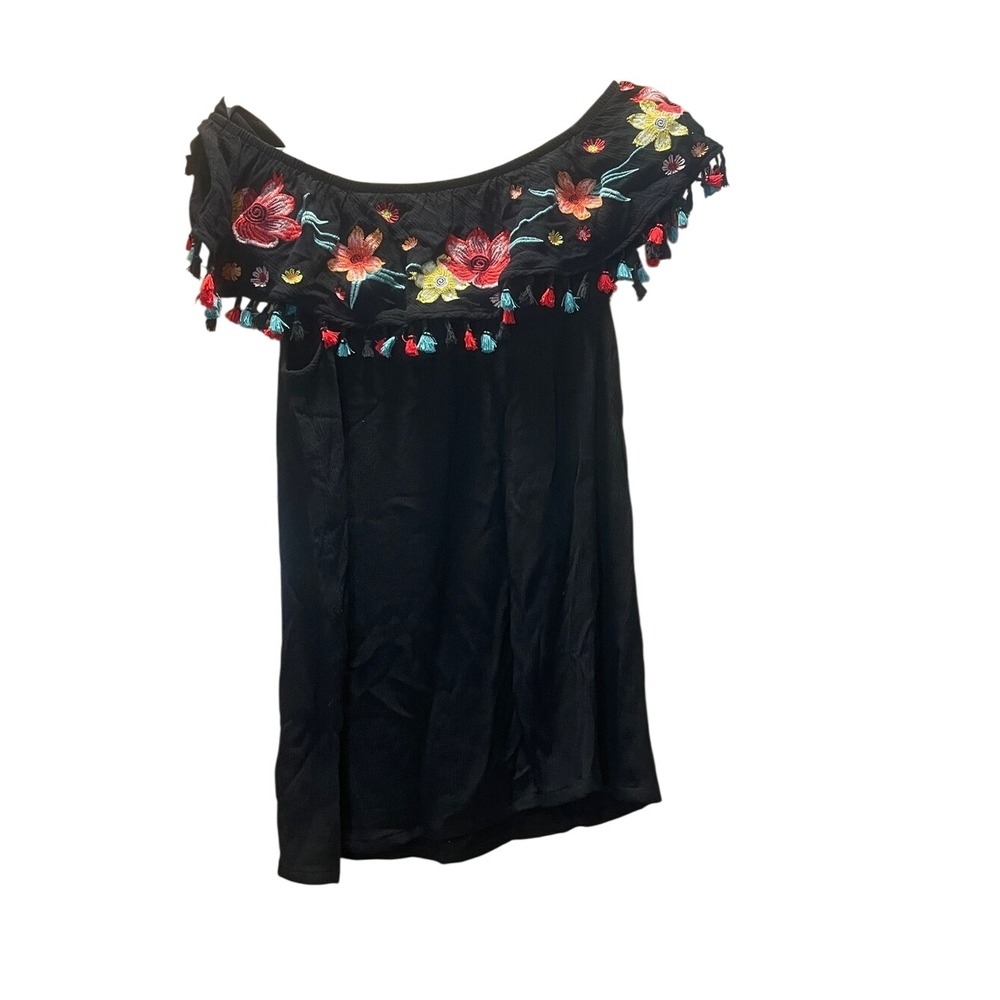 Esmara Black Off The Shoulder Floral Embroidered‎ Tassel Ruffle Top Size 8